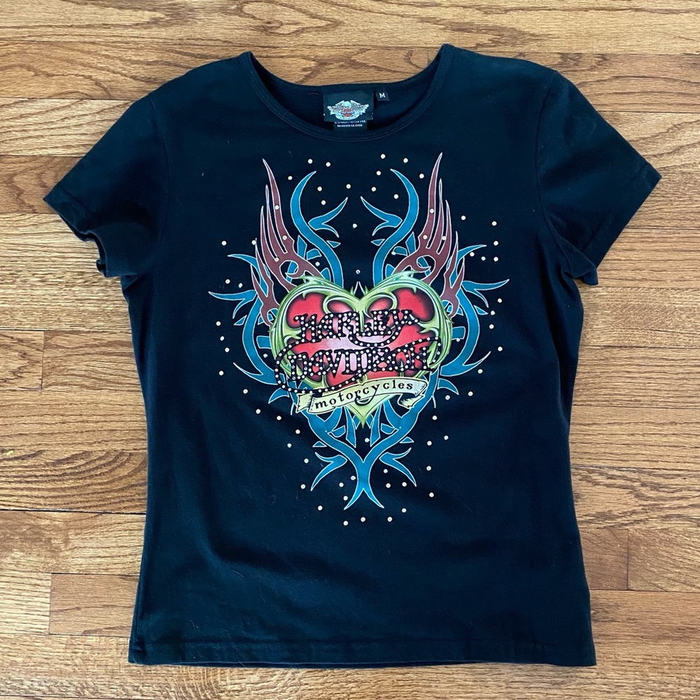 Harley-Davidson motorcycles heart logo rhinestone shirt